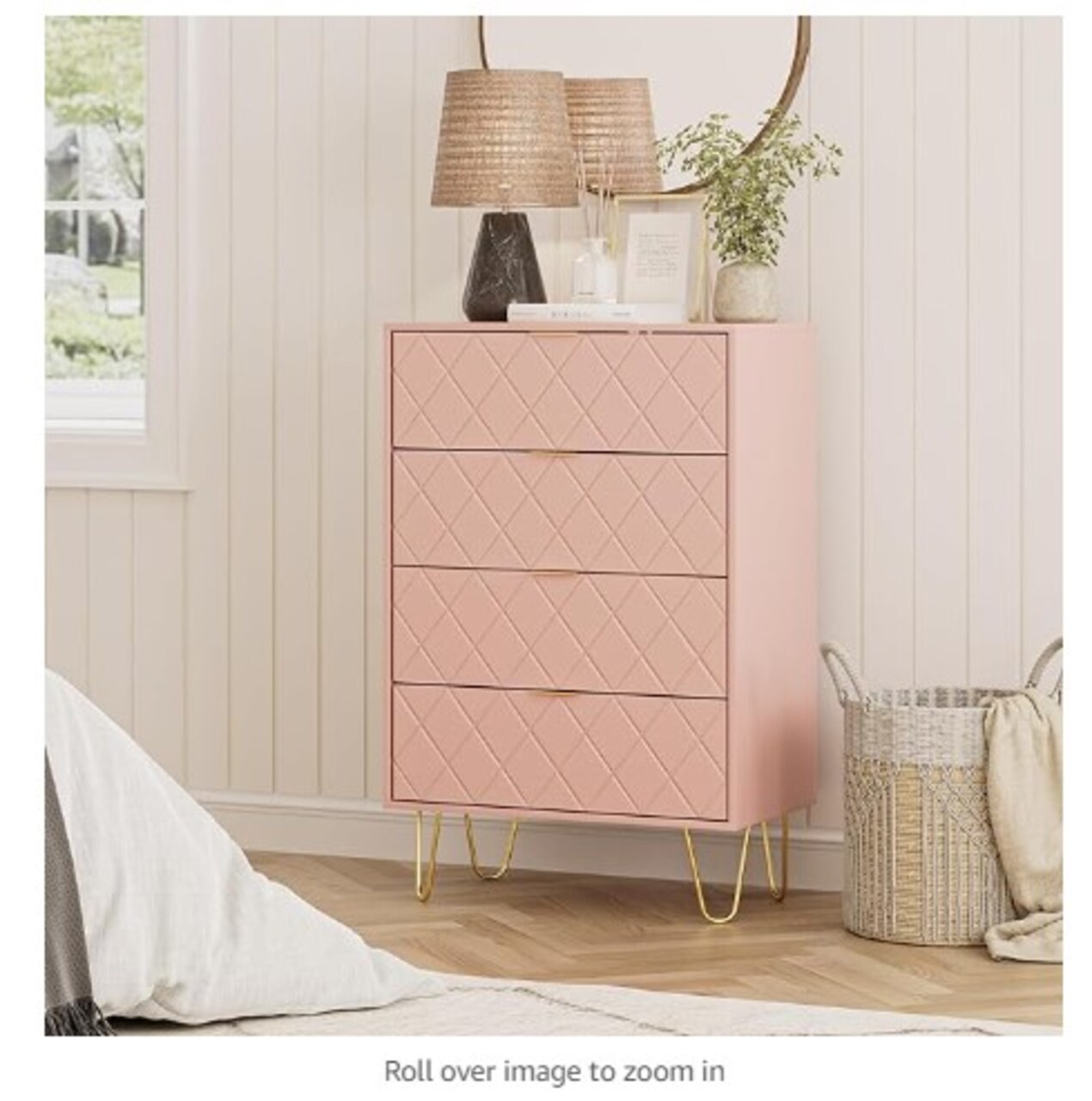 A small dresser for a bedroom, living room, closet, or hallway that is pink diamond in color. Tall storage dresser chest cabinet organizer unit with metal legs.